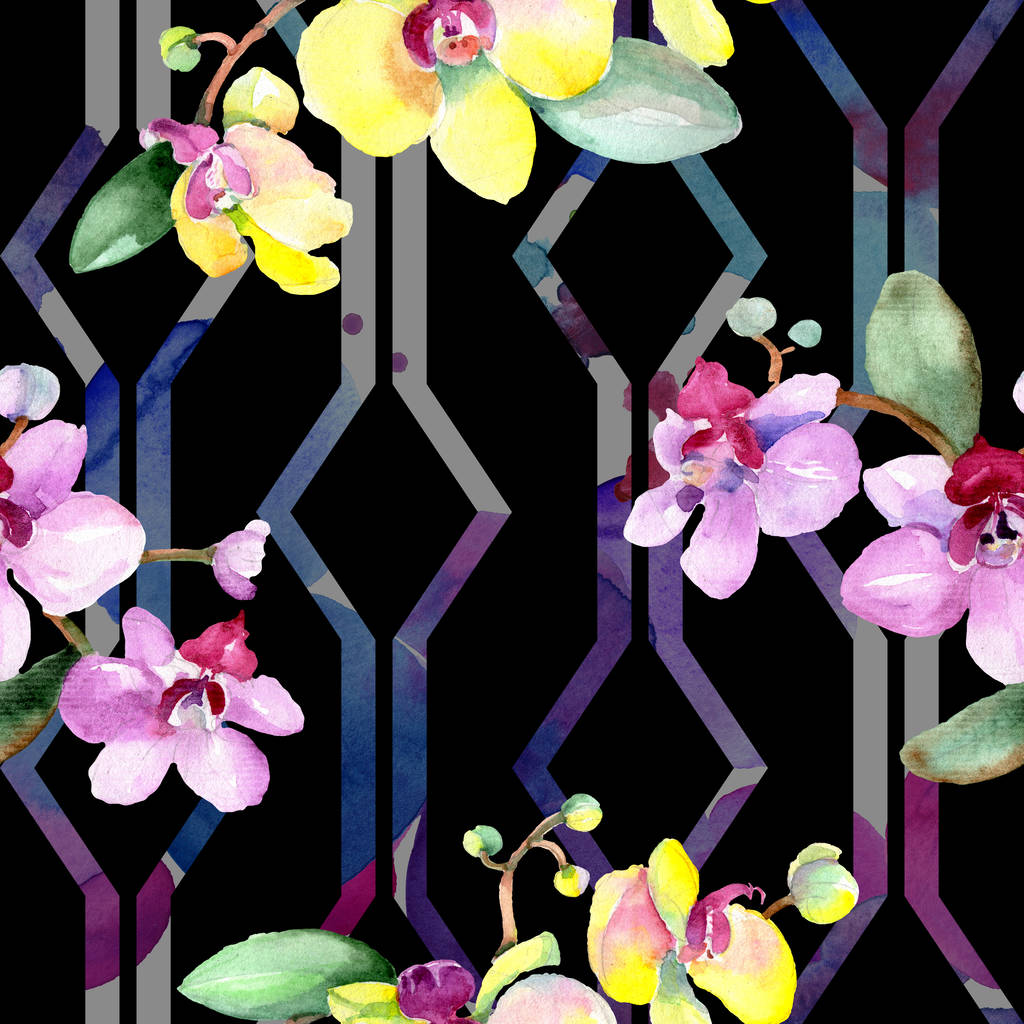 Красивые цветы орхидеи с зелеными листьями. Акварельная фоновая иллюстрация. Бесшовный рисунок фона. Текстура ткани для печати обоев
. - Фото, изображение