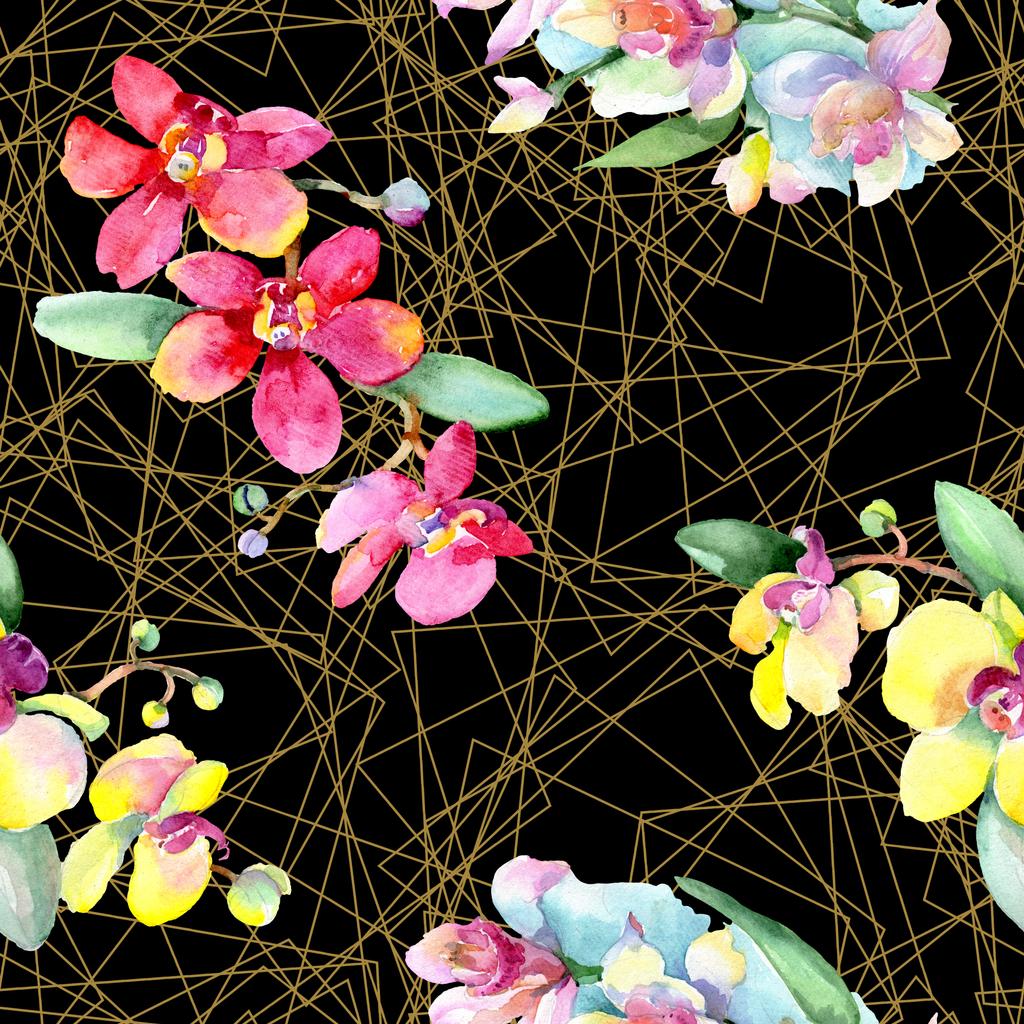 Gyönyörű orchidea virágok, zöld levelekkel. Akvarell háttér illusztráció. Varratmentes háttérben minta. Anyagot a nyomtatási textúrát. - Fotó, kép