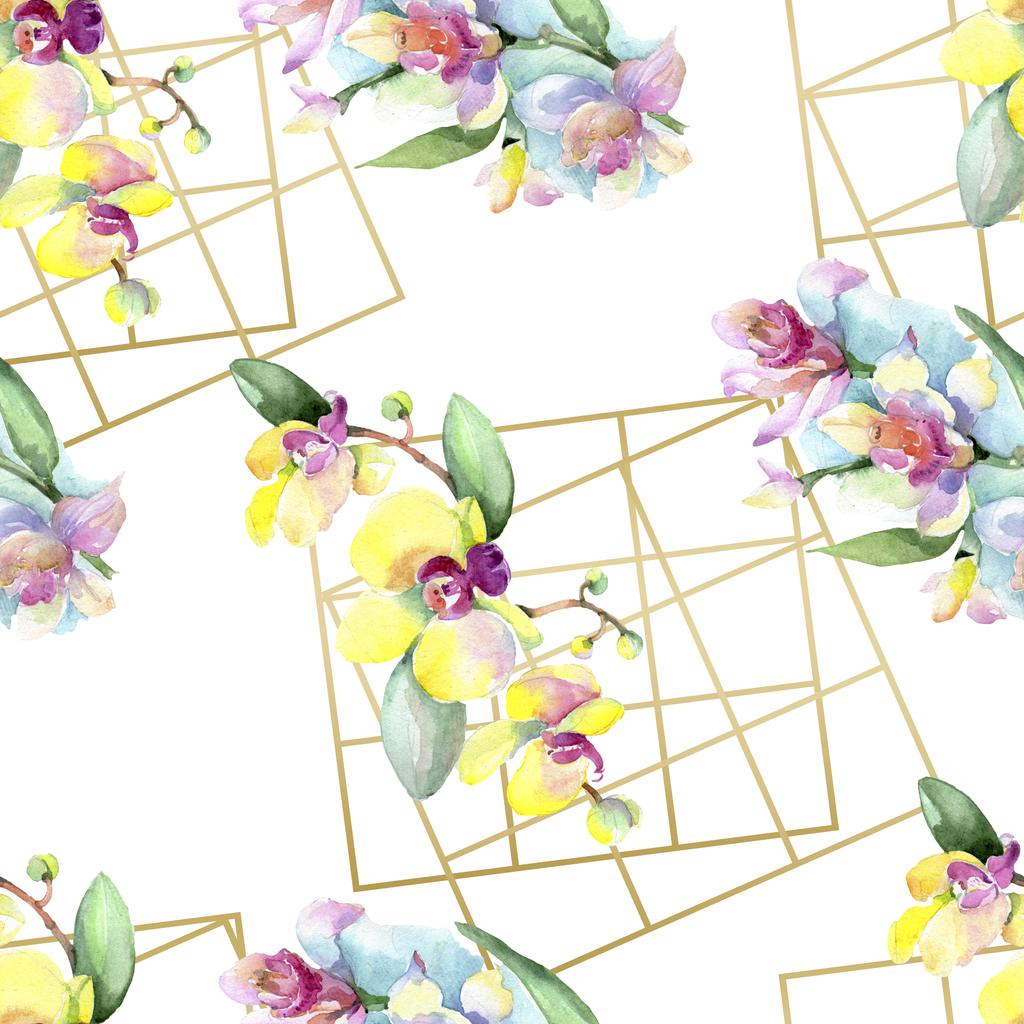 Hermosas flores de orquídea con hojas verdes. Ilustración de fondo acuarela. Patrón de fondo sin costuras. Textura de impresión de papel pintado de tela
. - Foto, Imagen