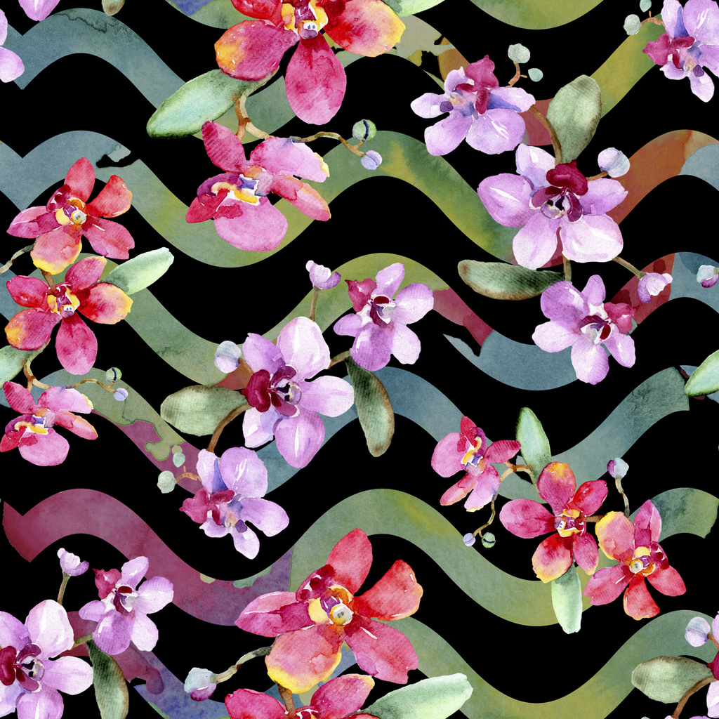 Mooie orchidee bloemen met groene bladeren. Aquarel achtergrond illustratie. Naadloze achtergrondpatroon. Structuur behang print textuur. - Foto, afbeelding