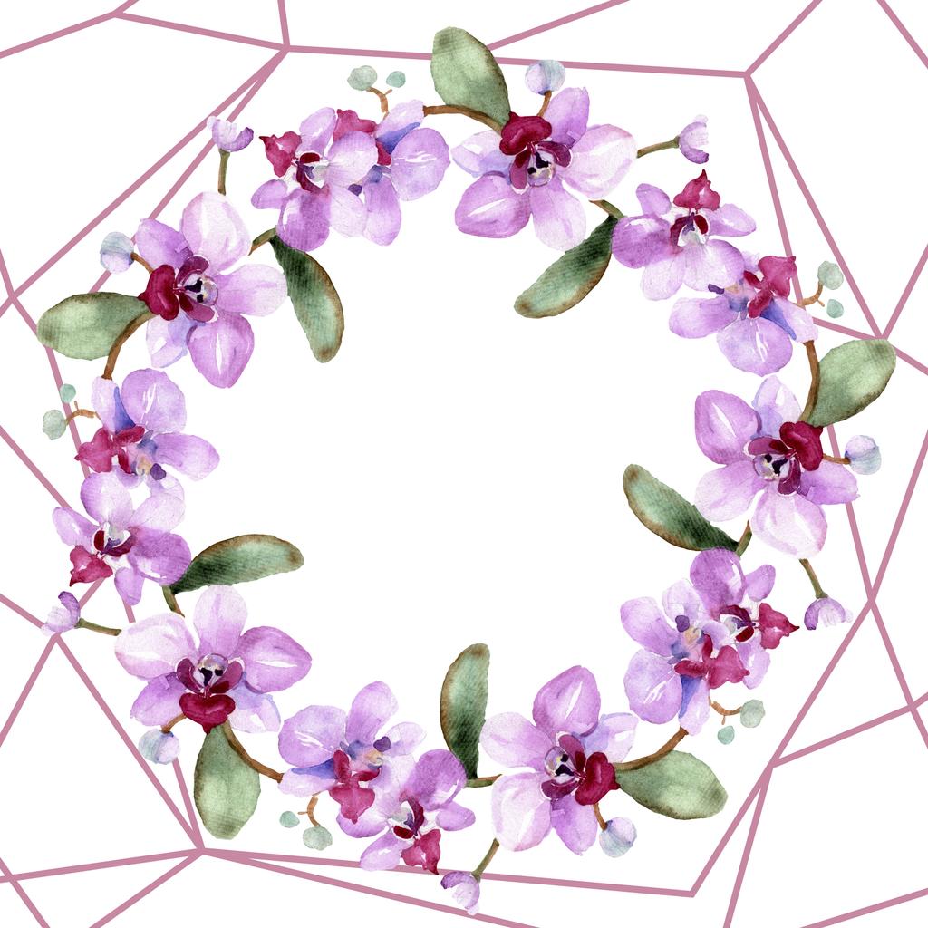 schöne Orchideenblüten mit grünen Blättern isoliert auf weiß. Aquarell-Hintergrundillustration. Aquarell zeichnen Mode-Aquarell. Rahmen Bordüre Ornament. - Foto, Bild