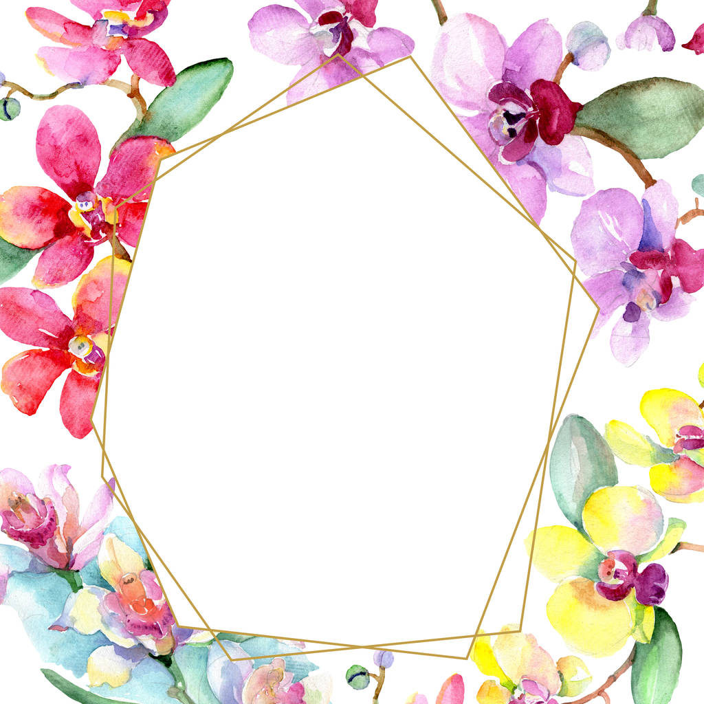 Mooie orchidee bloemen met groene bladeren op wit wordt geïsoleerd. Aquarel achtergrond illustratie. Aquarel tekenen mode aquarelle. Frame grens sieraad. - Foto, afbeelding
