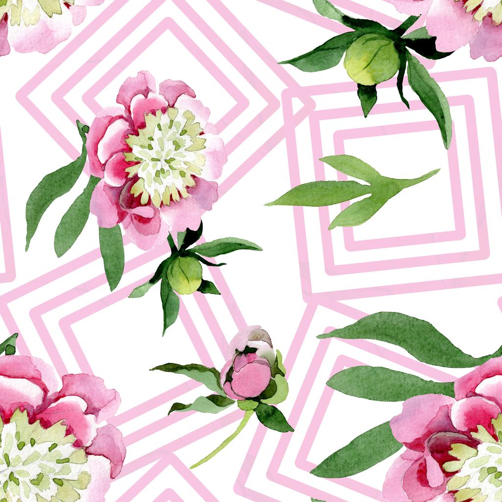 Beautiful pink peony flowers with green leaves isolated on white background. Watercolour drawing aquarelle. Seamless background pattern. Fabric wallpaper print texture. - Photo, Image