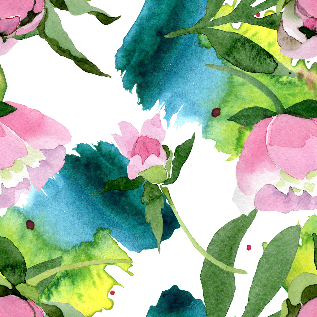 Mooie roze pioen bloemen met groene bladeren geïsoleerd op een witte achtergrond. Aquarel tekenen aquarelle. Naadloze achtergrondpatroon. Structuur behang print textuur. - Foto, afbeelding