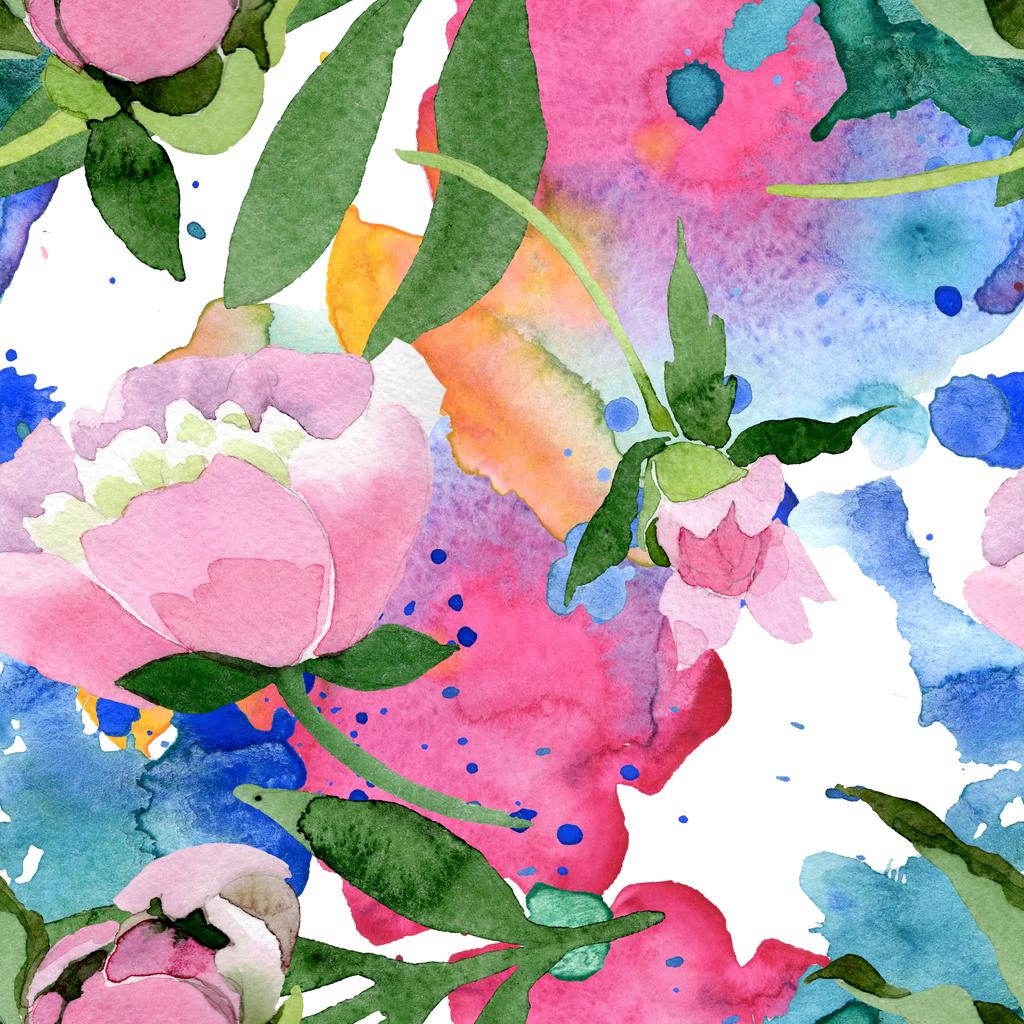 Lindas flores de peônia rosa com folhas verdes isoladas em fundo branco. Aquarelle desenho aquarelle. Padrão de fundo sem costura. Tecido papel de parede impressão textura
. - Foto, Imagem