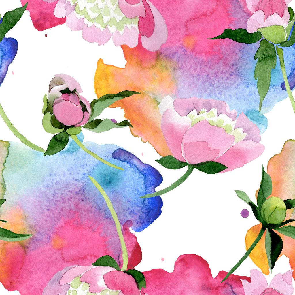 Kwiaty piękne różowe piwonie z zielonych liści na białym tle. Rysunek aquarelle akwarela. Bezszwowe tło wzór. Tkanina tapeta tekstura wydruku. - Zdjęcie, obraz
