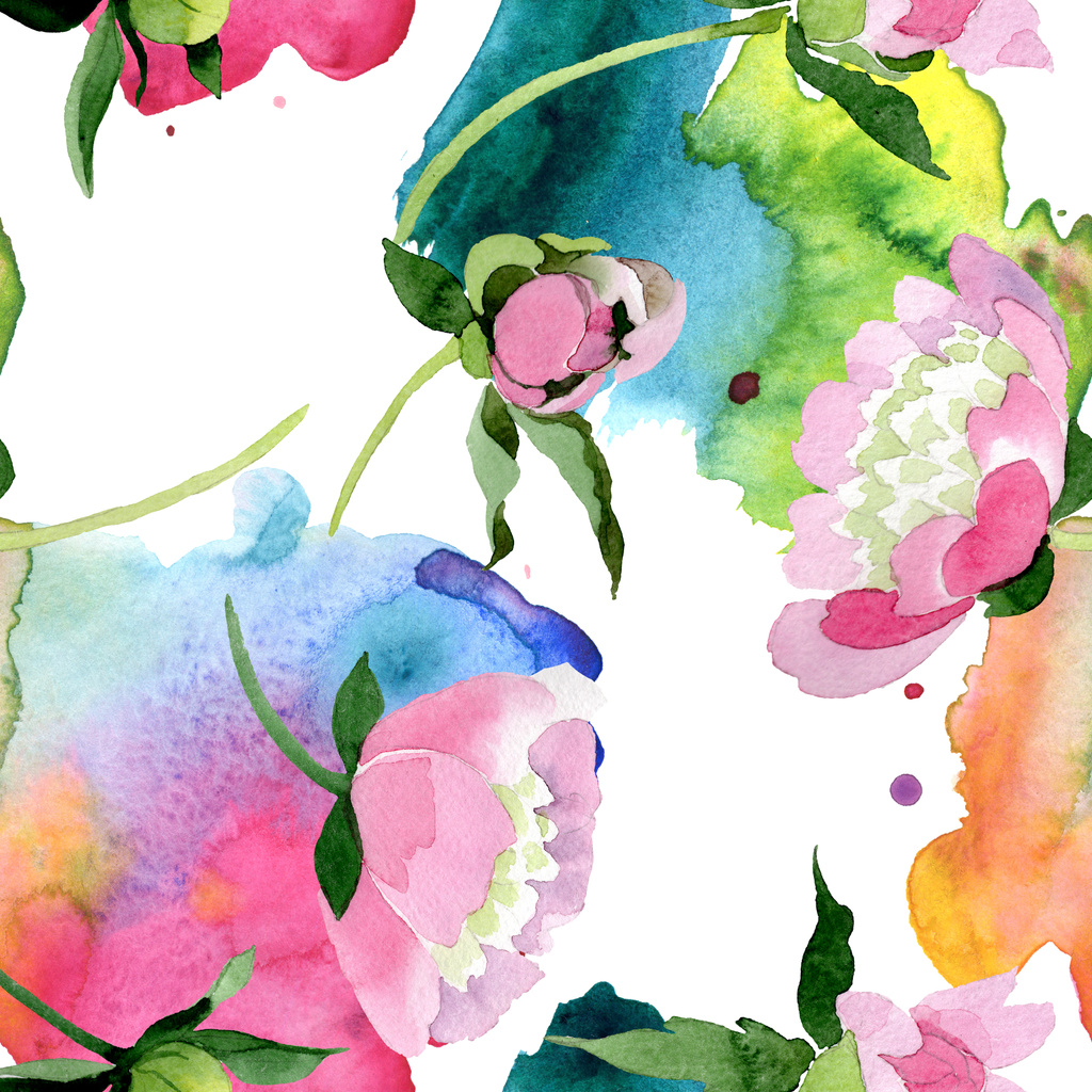 Όμορφο ροζ παιωνία λουλούδια με τα πράσινα φύλλα που απομονώνονται σε λευκό φόντο. Ακουαρέλα σχεδίασης ακουαρέλα. Απρόσκοπτη υπόβαθρο μοτίβο. Ύφασμα ταπετσαρία υφή. - Φωτογραφία, εικόνα