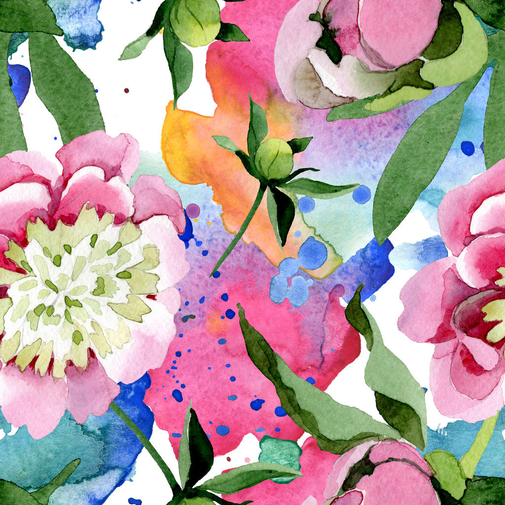 Красиві рожеві півонійні квіти з зеленим листям ізольовані на білому тлі. Акварель для малювання акварелі. Безшовний візерунок тла. Текстура друку тканинних шпалер
. - Фото, зображення