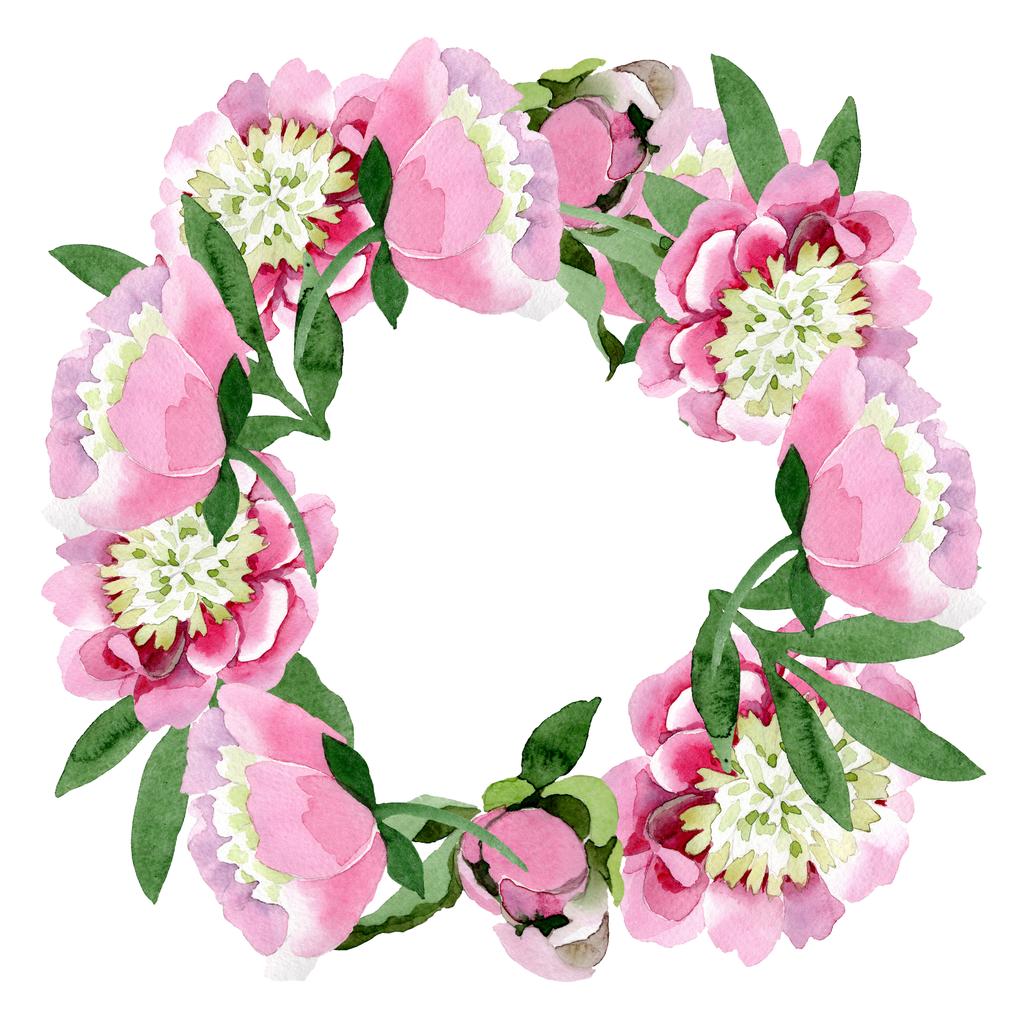 白い背景に分離された緑の葉で美しいピンクの牡丹の花。水彩描画 aquarelle。フレーム枠飾り. - 写真・画像