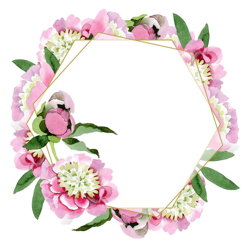 Gyönyörű rózsaszín bazsarózsa virágok elszigetelt fehér background, zöld levelekkel. Akvarell, rajz aquarelle. Test határ dísz. - Fotó, kép