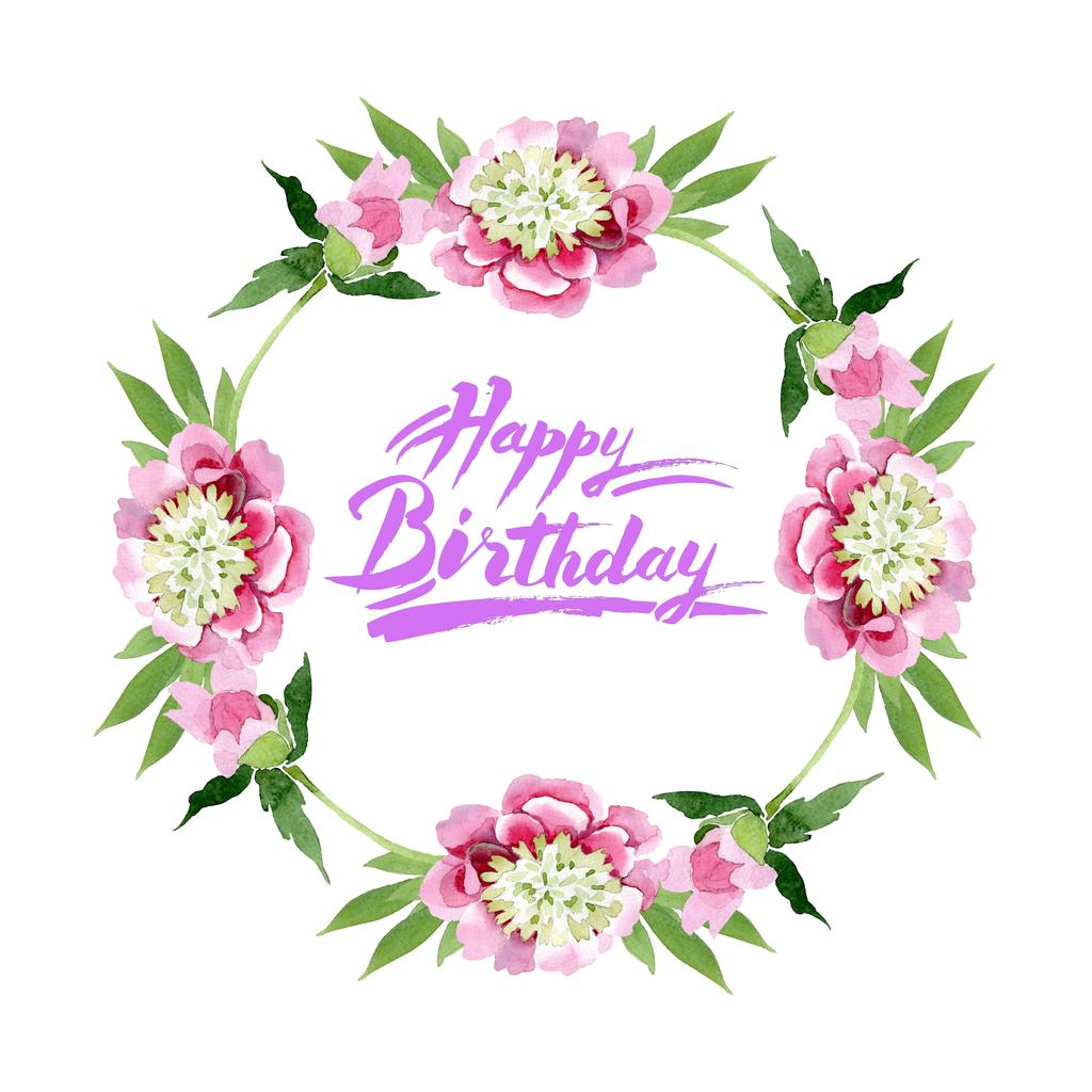 Beautiful pink peony flowers with green leaves isolated on white background. Watercolour drawing aquarelle. Frame border ornament. Happy birthday handwriting calligraphy - Photo, Image