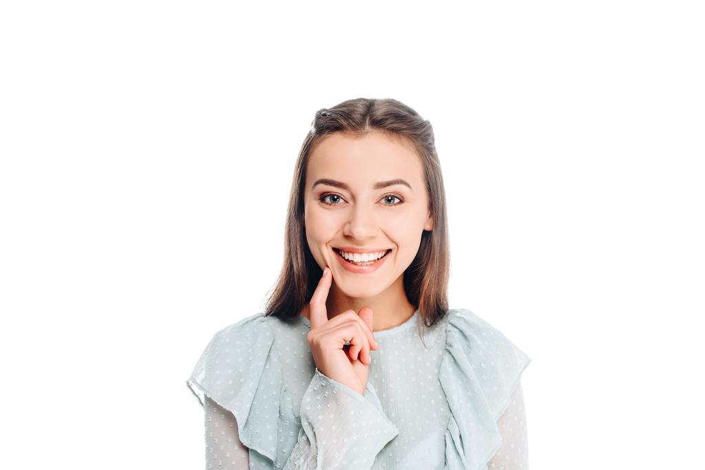 portrait of beautiful smiling woman looking at camera isolated on white - Photo, Image