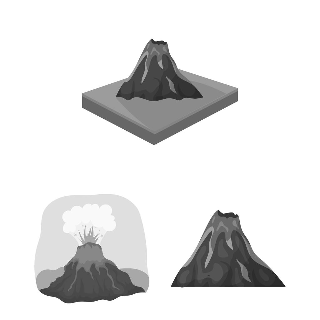 火山と溶岩のアイコンの孤立したオブジェクト。株式の火山とマグマのベクター アイコンのセット. - ベクター画像
