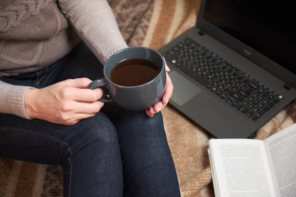 Mulher com uma xícara de chá, um livro, luvas e um laptop em um cobertor. Foco seletivo
 - Foto, Imagem