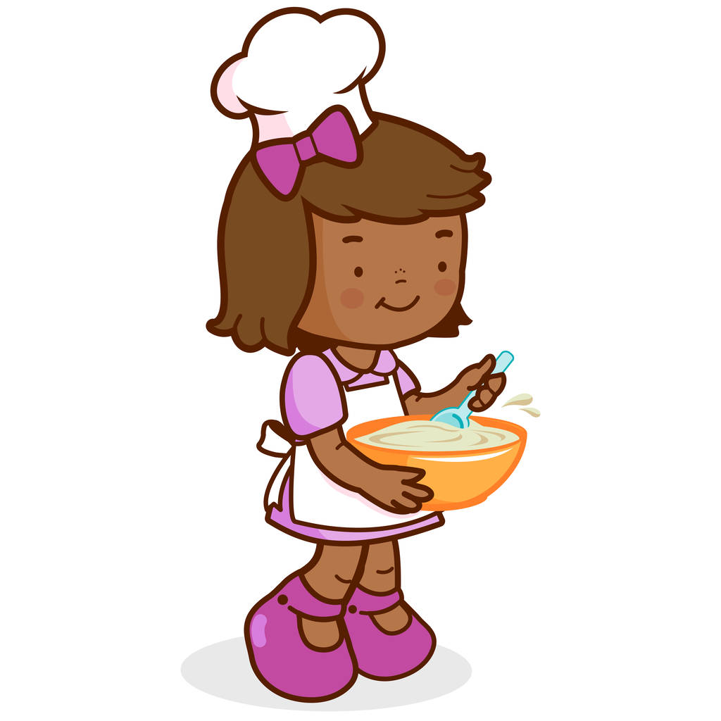 Vektor-Illustration eines kleinen Mädchens in Kochuniform, das eine Schüssel hält und kocht. - Vektor, Bild