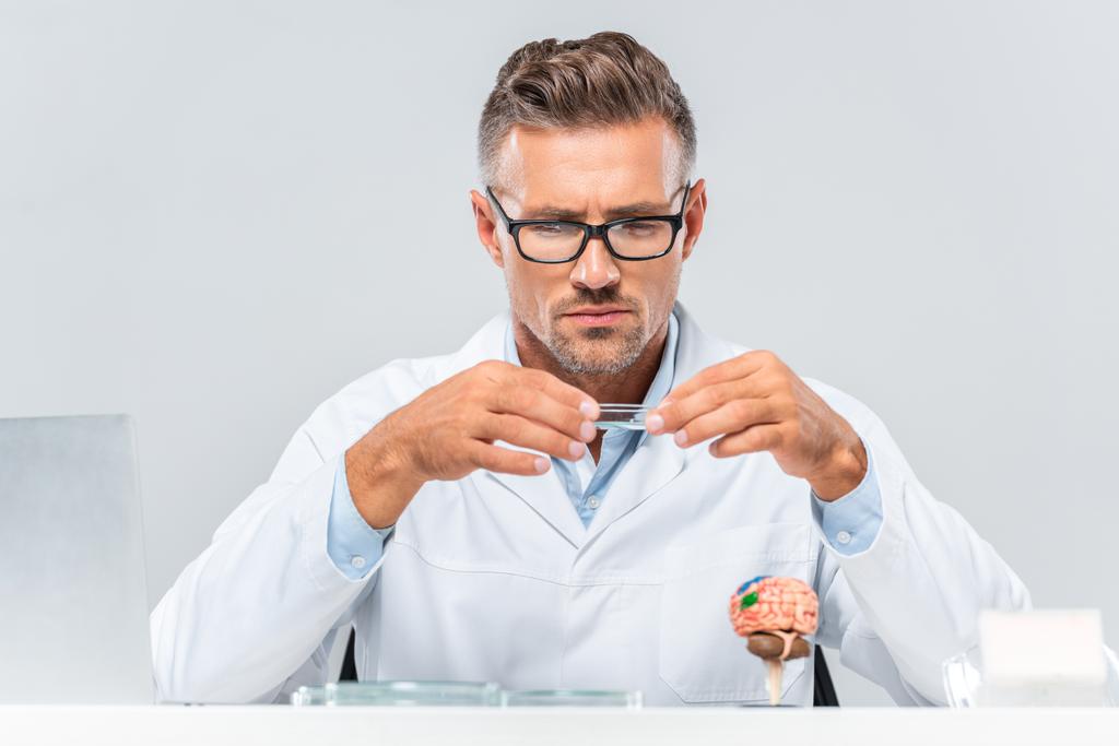 gutaussehender Wissenschaftler mit Brille, der Reagenz isoliert auf Weiß betrachtet - Foto, Bild