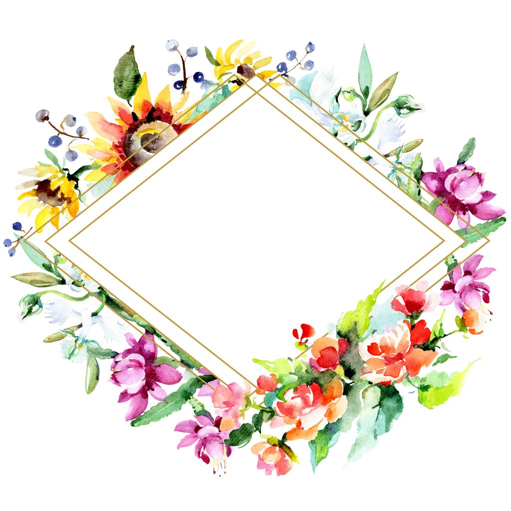 Beautiful watercolor flowers on white background. Watercolour drawing aquarelle. Isolated bouquet of flowers illustration element. Frame border ornament. - Photo, Image