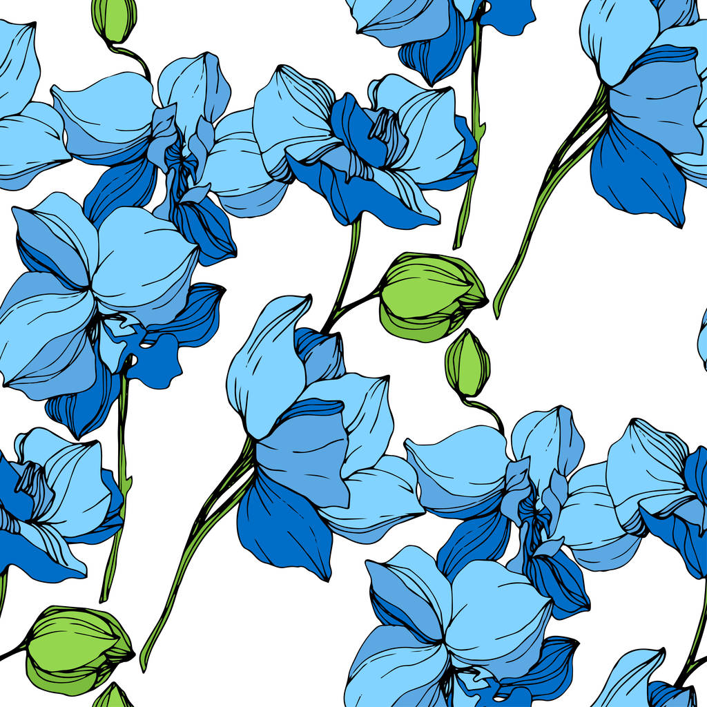 Flores azuis bonitas do orchid no fundo branco. Padrão de fundo sem costura. Tecido papel de parede impressão textura
. - Vetor, Imagem