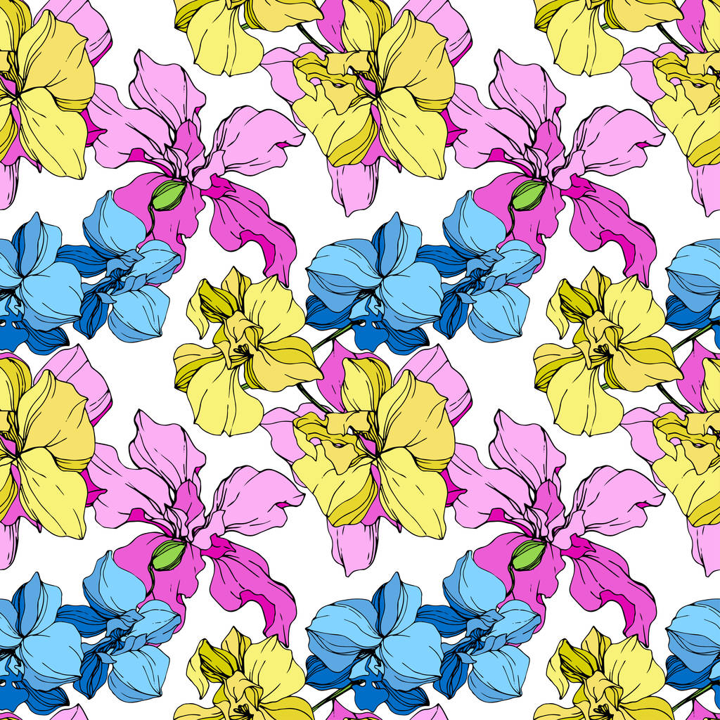 Piękne żółte, niebieskie i różowe kwiaty orchidei. Bezszwowe tło wzór. Tapeta tkanina drukowanie tekstury na białym tle. - Wektor, obraz