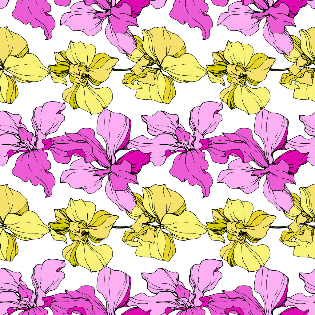 Krásné růžové a žluté květy orchidejí na bílém pozadí. Vzor bezešvé pozadí. Fabric tapety tisku texturu. Ryté inkoust umění. - Vektor, obrázek