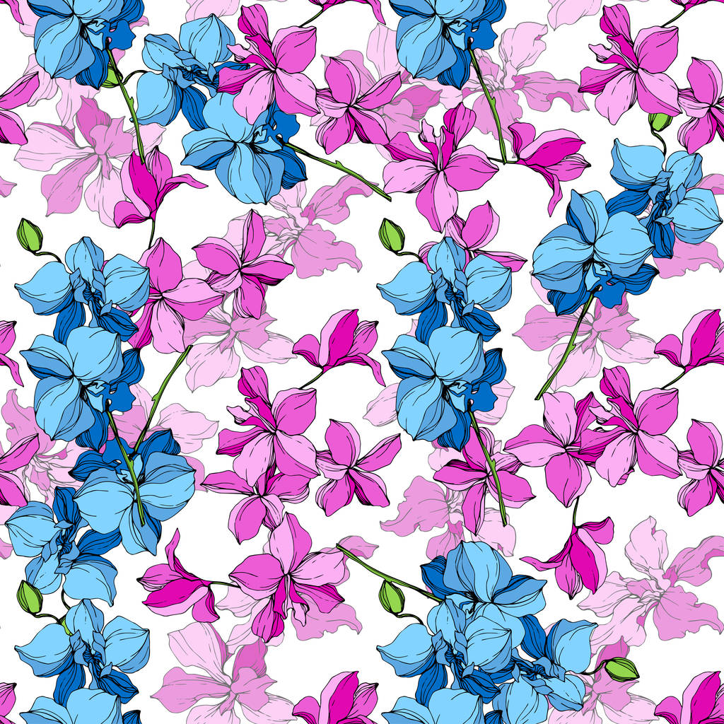 Beautiful blue and pink orchid flowers. Engraved ink art. Seamless background pattern. Fabric wallpaper print texture on white background. - Vector, Image