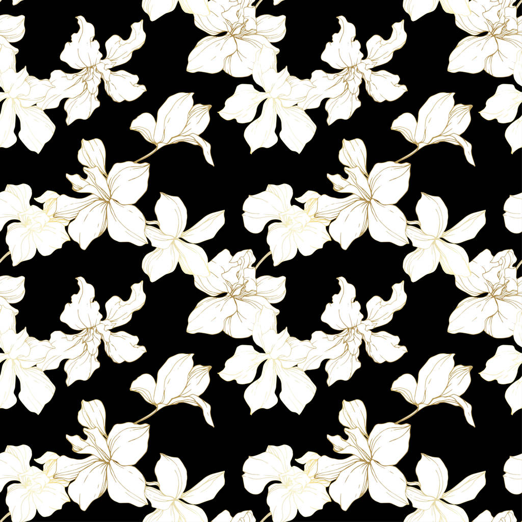 美しい蘭の花 黒と白には アートが刻まれています シームレスな背景パターン 織物壁紙は 黒の背景にテクスチャを印刷します ロイヤリティフリーのベクターグラフィック画像
