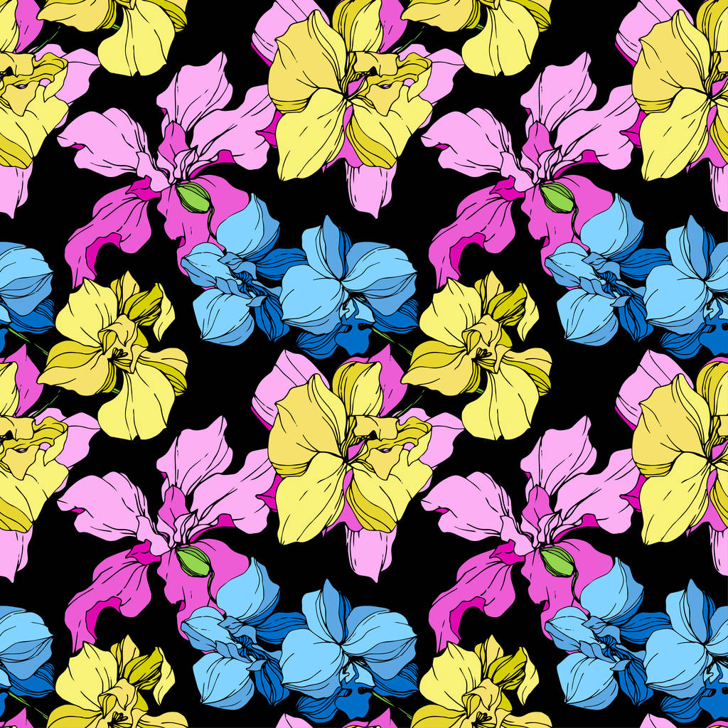 Orquídeas amarillas, azules y rosadas grabadas en tinta artística. Patrón de fondo sin costuras. Textura de impresión de fondo de pantalla de tela sobre fondo negro
. - Vector, imagen