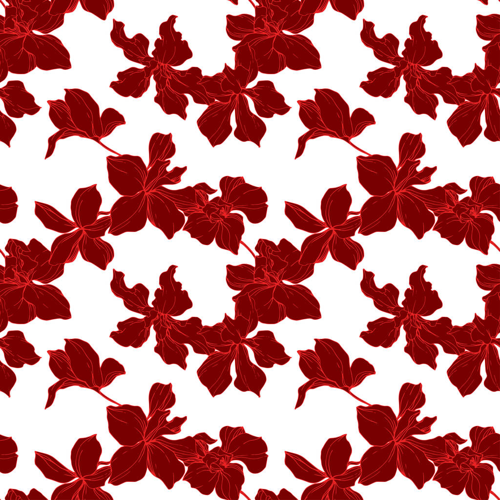 美しい赤の蘭の花。刻まれたインク アート。シームレスな背景パターン。生地の壁紙が白い背景のテクスチャを印刷します。. - ベクター画像