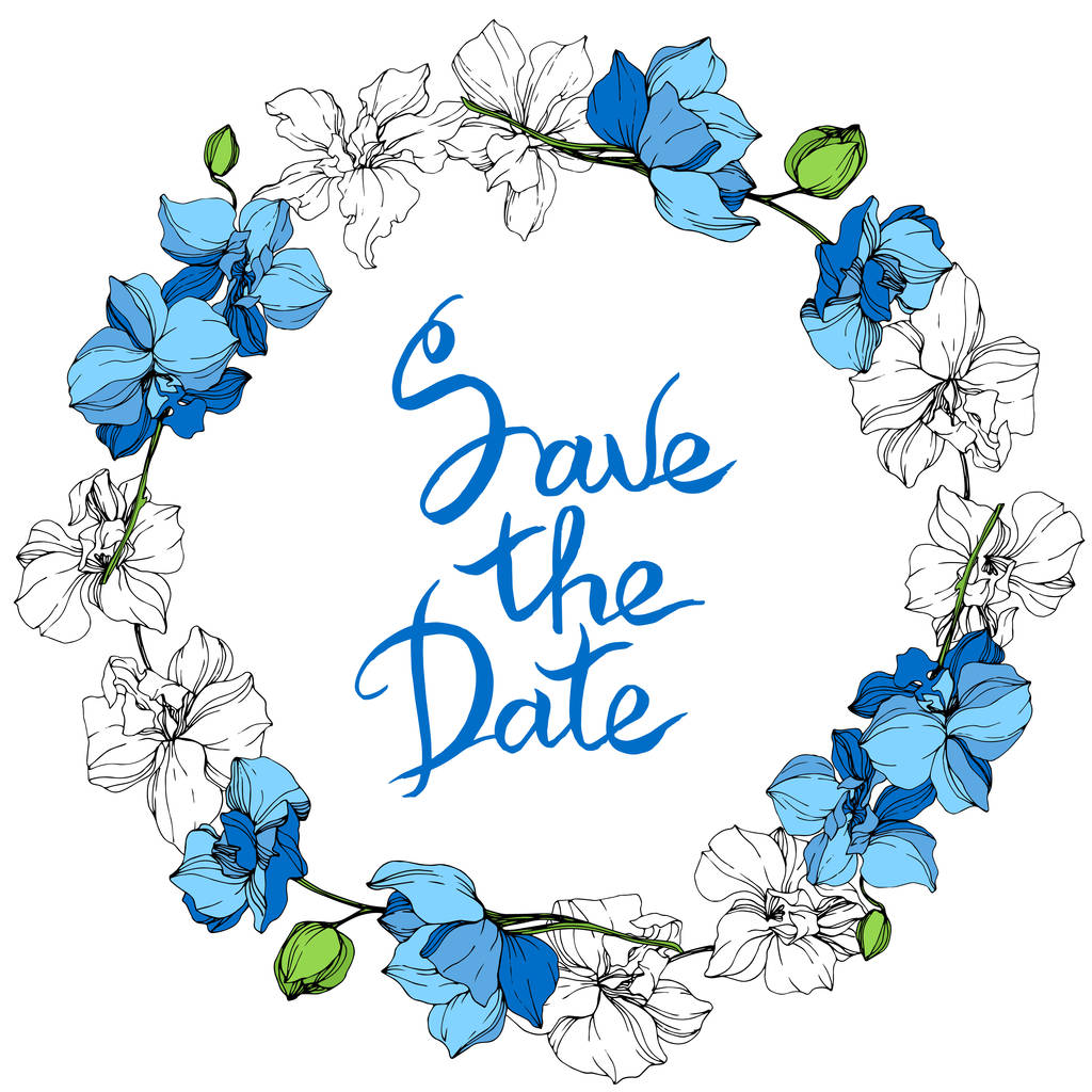Blue and white orchid flowers. Engraved ink art. Frame floral wreath on white background. Save the date handwriting monogram calligraphy. - Vector, Image