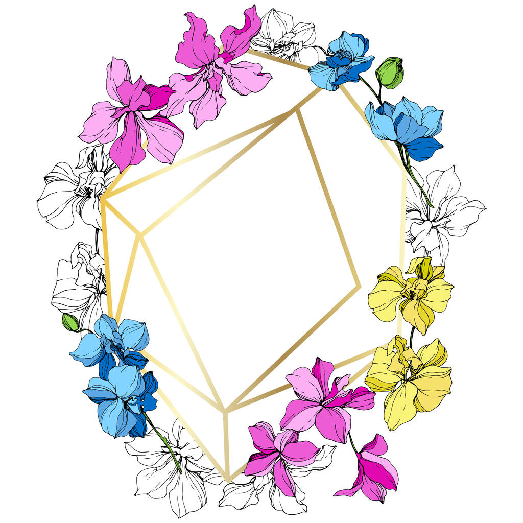 Vaaleanpunaiset, siniset ja keltaiset orkideat. Kaiverrettua mustetaidetta. Kehys kultainen kristalli. Geometrinen kristalli kivi polyhedron mosaiikki muoto
. - Vektori, kuva