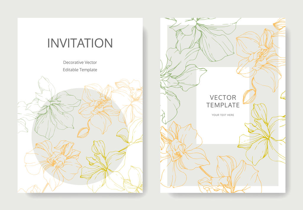 Esküvői meghívók-virágos dekoratív határok. Gyönyörű orchideák. Köszönöm, rsvp, pályázati elegáns kártya illusztráció grafikai készlet. - Vektor, kép