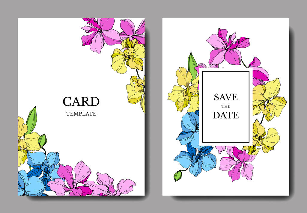 Düğün kartları çiçek dekoratif sınırları ile. Güzel orkide çiçekler. Teşekkür ederim, rsvp, davet zarif kartları illüstrasyon grafik kümesi. - Vektör, Görsel