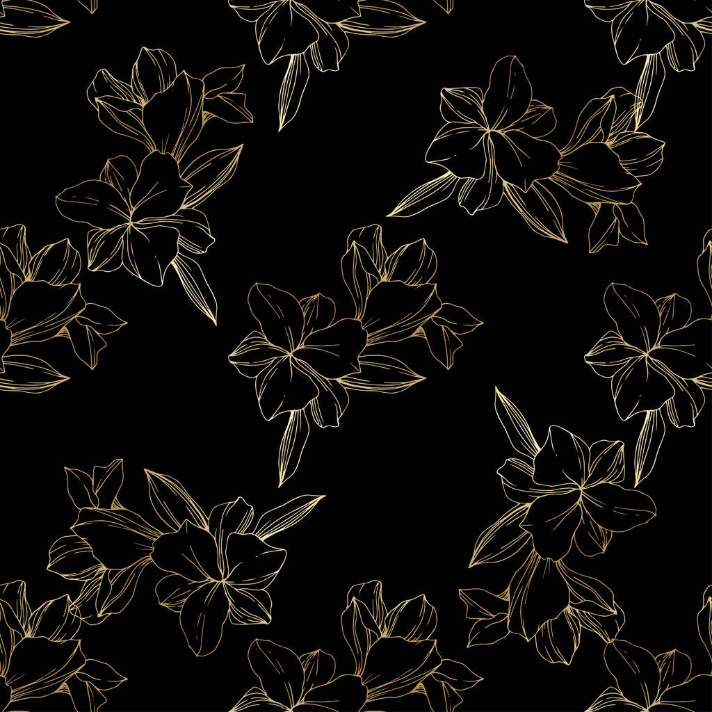Krásné zlaté orchideje na černém pozadí. Ryté inkoust umění. Vzor bezešvé pozadí. Fabric tapety tisku textura. - Vektor, obrázek