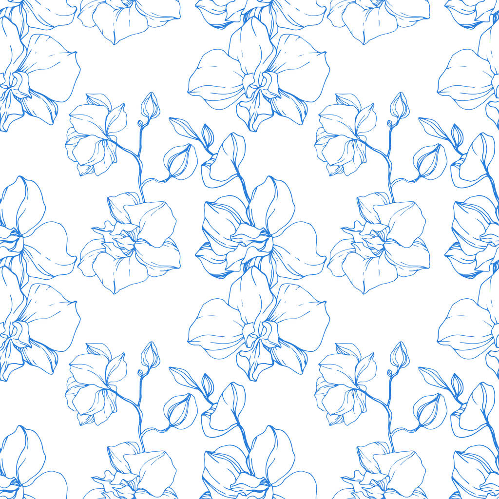 Όμορφη μπλε ορχιδέα λουλούδια. Χαραγμένο μελάνι τέχνης. Απρόσκοπτη υπόβαθρο μοτίβο. Ύφασμα ταπετσαρία υφή. - Διάνυσμα, εικόνα