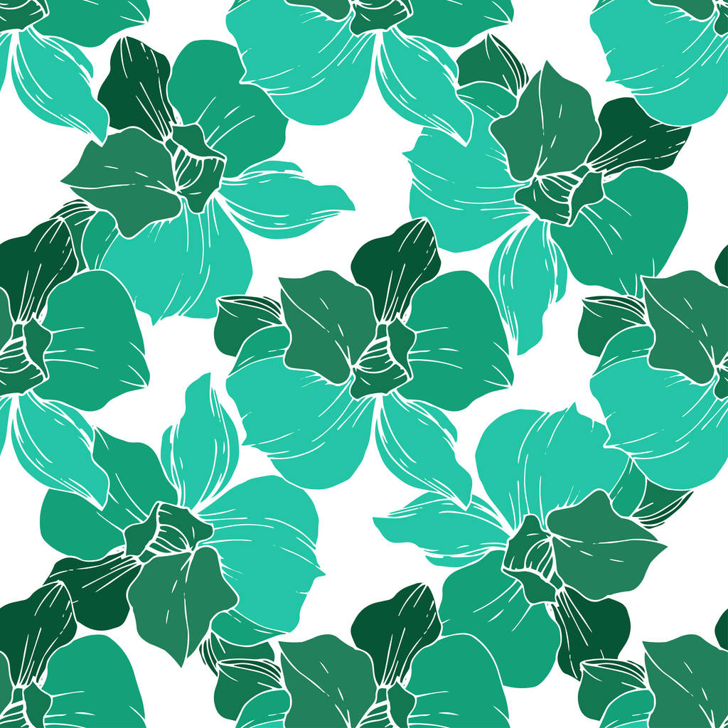 Beautiful green orchid flowers on white background. Engraved ink art. Seamless background pattern. Fabric wallpaper print texture. - Vector, Image