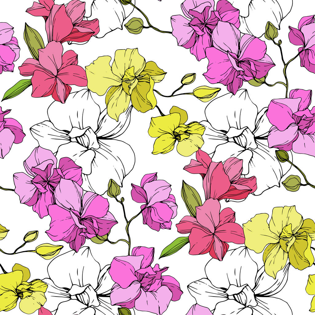 美しいピンクと黄色の蘭の花。シームレスな背景パターン。壁紙印刷手触りの生地。刻まれたインク アート. - ベクター画像
