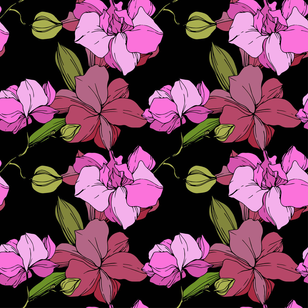 Прекрасні рожеві квіти орхідей. Безшовний візерунок тла. Тканинні шпалери друкують текстуру. Вигравіруване чорнило
. - Вектор, зображення