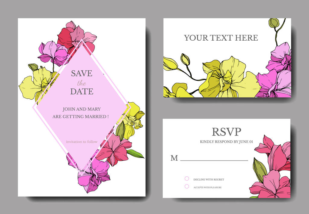 美しい蘭の花には、アートが刻まれています。結婚式の花の装飾的なボーダーをカード。ありがとう、rsvp、招待エレガントなカード イラスト グラフィック セット. - ベクター画像