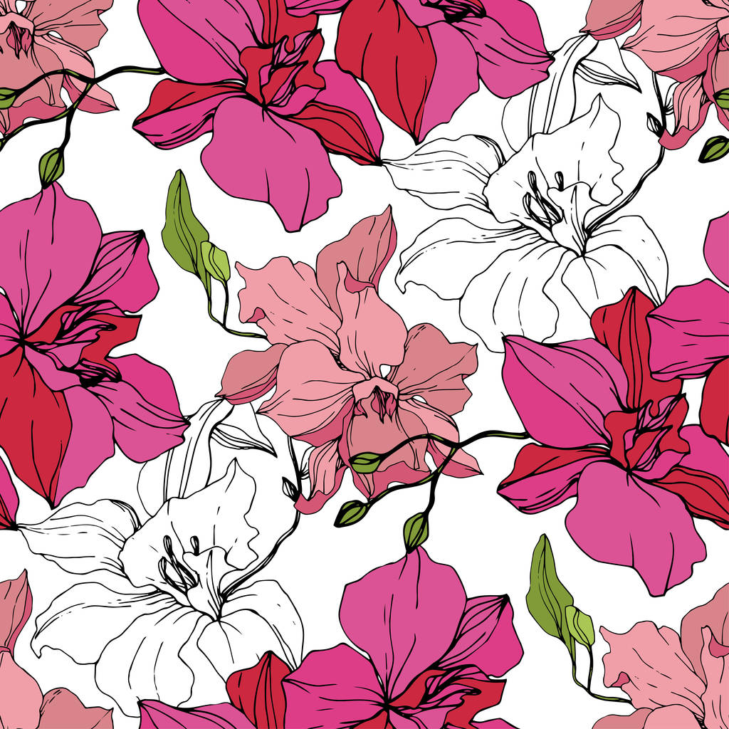 Beautiful pink orchid flowers on white background. Seamless background pattern. Fabric wallpaper print texture. Engraved ink art. - Vector, Image