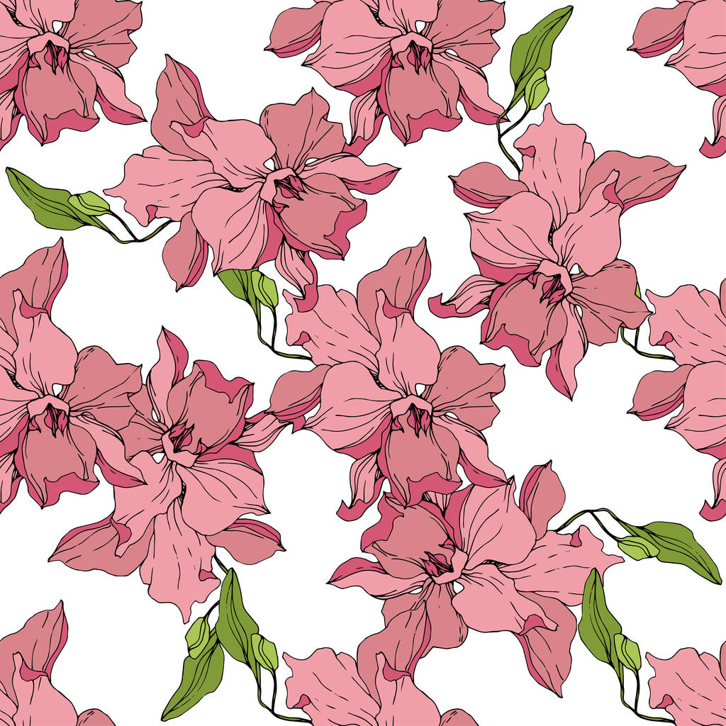 Bellissimi fiori di orchidea rosa su sfondo bianco. Modello di sfondo senza soluzione di continuità. Tessuto carta da parati texture di stampa. Incisione inchiostro arte
. - Vettoriali, immagini