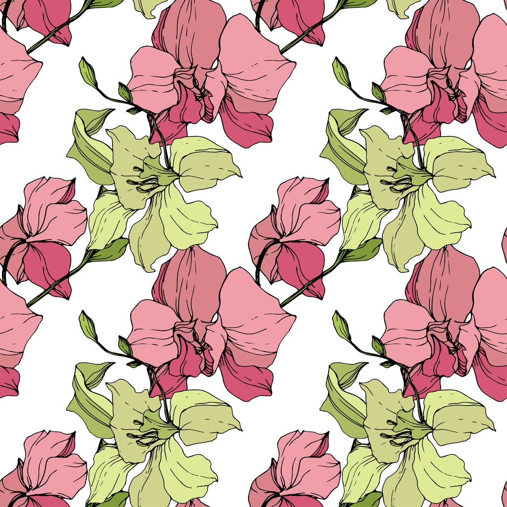 Beautiful pink and yellow orchid flowers. Seamless background pattern. Fabric wallpaper print texture. Engraved ink art on white background. - Vector, Image