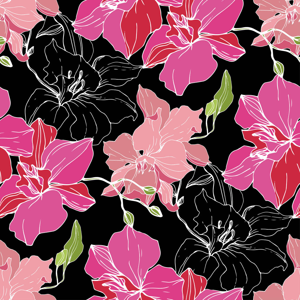 Hermosas flores de orquídea rosa aisladas sobre fondo negro. Patrón de fondo sin costuras. Textura de impresión de papel tapiz de tela. Arte de tinta grabada
. - Vector, Imagen