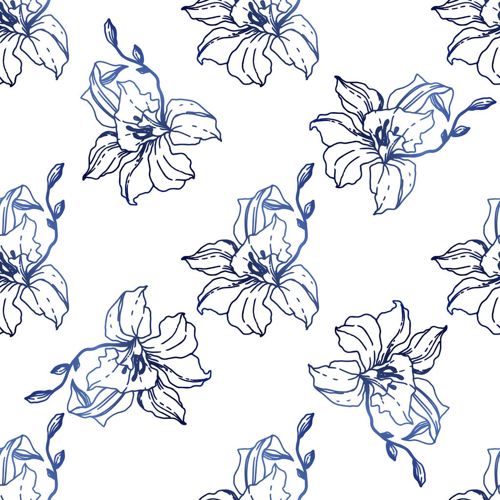 Beautiful blue orchid flowers. Seamless background pattern. Fabric wallpaper print texture. Engraved ink art on white background. - Vector, Image
