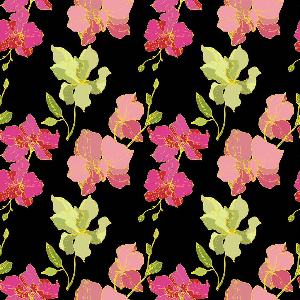 Beautiful pink and yellow orchid flowers. Seamless background pattern. Fabric wallpaper print texture. Engraved ink art on black background. - Vector, Image