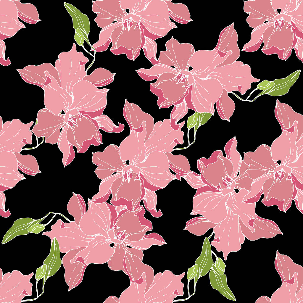 Hermosas flores de orquídea rosa aisladas sobre fondo negro. Patrón de fondo sin costuras. Textura de impresión de papel tapiz de tela. Arte de tinta grabada
. - Vector, imagen