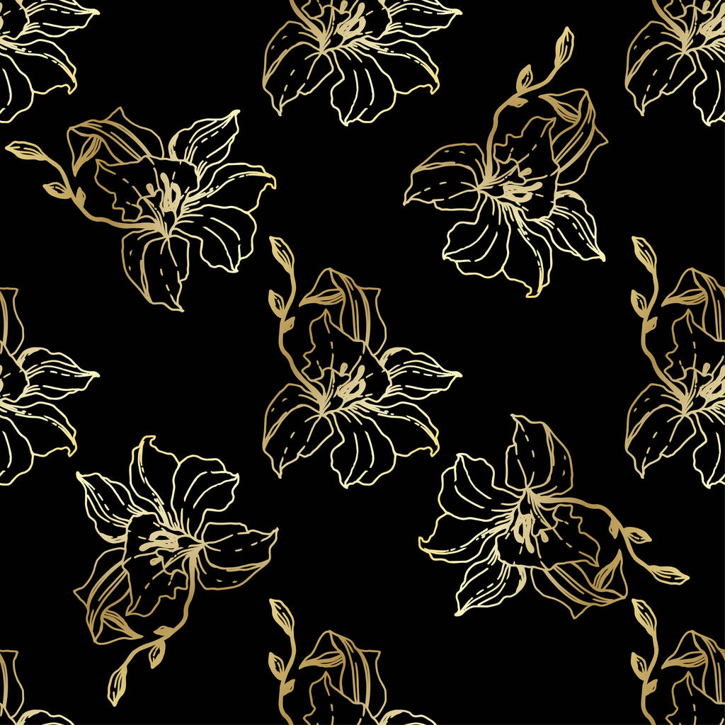 Lindas Flores De Orquídea Dourada. Padrão De Imagem gráfica vetorial sem  royalties