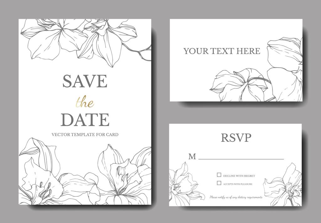 Beautiful Vector Orchid Flowers. Silver engraved ink art. Wedding cards with floral decorative borders. Thank you, rsvp, invitation elegant cards illustration graphic set. - Vector, Image