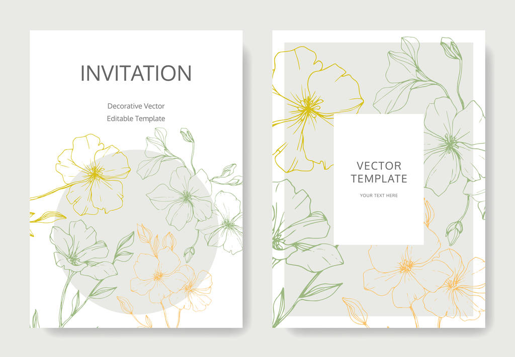 Vector. Flax flowers. Engraved ink art. Wedding cards with floral decorative borders. Thank you, rsvp, invitation elegant cards illustration graphic set. - Vector, Image