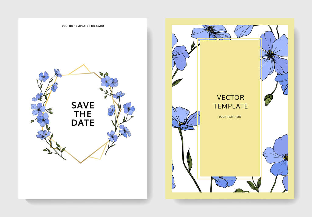 Διάνυσμα. Μπλε λουλούδια λίνου. Χαραγμένο μελάνι τέχνης. Κάρτες γάμου με floral διακοσμητικά περιγράμματα. Σας ευχαριστώ, rsvp, κομψό κάρτες πρόσκληση Εικονογράφηση γραφικών set. - Διάνυσμα, εικόνα