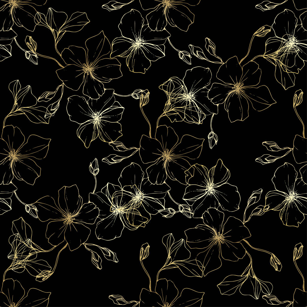 Vector. Flax flowers. Engraved ink art. Seamless pattern on black background. Fabric wallpaper print texture. - Vector, Image